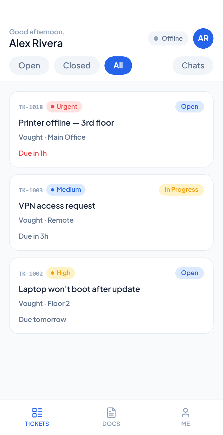 PalmDesk mobile app showing an active ticket